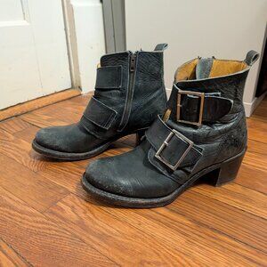 Frye Sabrina Boots - Double Buckle Bootie Black Leather 9.5